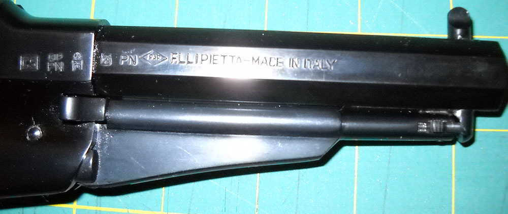 detail, Pietta 1858 right side markings: numerous proof marks, F.LLI PIETTA MADE IN ITALY